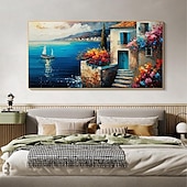voordelige Schilderijen van landschappen-met de hand geschilderd mediterraan landschap olieverfschilderij op canvas impressionistisch schilderij van de middellandse zee canvas kunst getextureerde kustschildering muurkunst schilderij voor