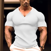 preiswerte Geripptes Strick-T-Shirt-Herren T Shirt Geripptes Strick-T-Shirt T-Shirt Kurze Ärmel V Ausschnitt Sommer Einfach Grubenstreifen Mode Designer Basic Knöpfe Urlaub Straße Ausgehen Schwarz Weiß Marinenblau Top T-Shirt für Herren
