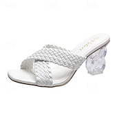 economico Slip-ons e mocassini da donna-sandali bianchi intrecciati da donna - punta aperta, tacco spesso trasparente, scarpe estive alla moda per abbigliamento casual e da festa