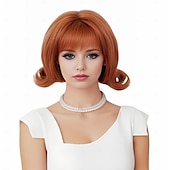 levne Syntetické trendy paruky-měděná paruka pro ženy krátká kudrnatá retro úlová paruka s ofinou zázvor 70. léta 80. léta syntetická kostýmní paruka pro halloween cosplay denní použití