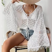 levne Krajkové topy-Ženské bílé elegantní krajkové topy blůza s očkovým designem sexy jednobarevný top s tkaničkou háčkovaný každodenní plážový top na dovolenou V-krk regular fit velikost one-size černá bílá khaki