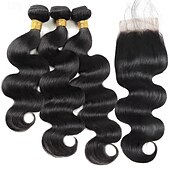 baratos 4 conjuntos de cabelo natural-Nadula cabelo hd fechamento de renda pacotes de onda corporal brasileira com fecho 4x4 fechamento de renda cabelo brasileiro feixes de tecelagem com fecho