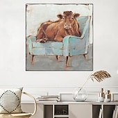 cheap Animal Paintings-Handmade A cow sitting on a sofa painting  handmade Abstract Cow Oil Painting Unique Artwork Vibrant Animal Canvas painting Wall Art Cow painting for living room bedroom wall home decor