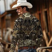 abordables camisas occidentales de los hombres-Hombre camuflaje camisa occidental Camisa vaquera Manga Larga Vintage estilo occidental Tribal Exterior Vacaciones Carrera de caballos Primavera verano Cuello Vuelto Estampado Abotonar Azul Marino