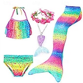 voordelige Zeemeermin badpak-Kinderen Voor meisjes Vijf stuk Zeemeermin zwemkleding Badmode Bikini Strand Zwemmen Regenboog Tie Dye leuke Style Badpakken 3-10 jaar Zomer Licht Blauw Kleurrijk