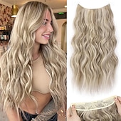 economico Clip nelle estensioni-Estensioni per capelli in filo invisibile con 4 clip di sicurezza, fascia trasparente, misura regolabile, posticci sintetici lunghi ondulati per donna