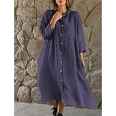 cheap Dresses-Women&#039;s Black White Yellow Summer Spring Midi Dress Linen-Inspired Dresses Shirt Dress Casual Dress Basic Modern Daily Weekend Loose Fit Plain Shirt Collar