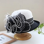 cheap Fascinators-Fascinators Hats Headwear Polyester Bucket Hat Straw Hat Sun Hat Casual Holiday Elegant Vintage With Feather Bows Headpiece Headwear
