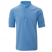 economico Casual da lavoro-Per uomo Camicia camicia di lino Camicia in lino e cotone Camicia in cotone bianco Camicia con colletto cinese Camicia con colletto alla coreana Liscio Da mare Strada Nero Bianco Blu marino Blu