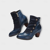 tanie Buty do kostki-damskie botki vintage z czerwonej skóry – najwyższej jakości skóra bydlęca z kwiatowymi akcentami guzikowymi i grubym obcasem, idealne do stylu retro i na co dzień