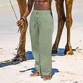 cheap Holiday-Men&#039;s Linen Pants Trousers Summer Pants Beach Pants Pocket Drawstring Elastic Waist Plain Comfort Breathable Daily Holiday Vacation Hawaiian Boho Black White