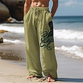 cheap Holiday-Men&#039;s Octopus Linen Pants Pants Trousers Baggy Pants Mid Waist Vintage Outdoor Daily Wear Streetwear Side Pockets Elastic Drawstring Design Black White Blue