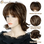 cheap Synthetic Trendy Wigs-Mullet Wig Shaggy Layered Fluffy Brown Mixed Blonde Curly Pixie Cut Wigs with Bangs Synthetic Wolf Cut Wig for Women 70s 80s Rocker Cosplay Halloween Costume Hair Replacement Wigs