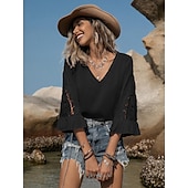 economico Top in Pizzo-Bluse Eleganti in Pizzo per Donna con Occhielli Camicia Boho a Maniche 3/4 Collo a V Petits Romantici da Indossare in Estate e Vacanza Nero Arancione Estate Primavera
