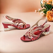 preiswerte Lässig-Damen Hochzeit Schuhe Sandalen Party Strass Runde Zehe Elegant Vintage Mikrobielles Leder Knöchelriemen Schwarz Rote Purpur
