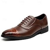 cheap Formal-Men&#039;s Brown Faux Leather Oxford Shoes with Crocodile-Patterned Toe Cap – Lace-Up Design, Stylish and Comfortable for Casual or Formal Occasions