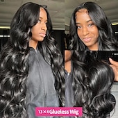 cheap Human Hair Lace Front Wigs-Remy Human Hair 13x4 Lace Front Wig Free Part Brazilian Hair Body Wave Black Wig 150% 180% Density with Baby Hair  Pre-Plucked For wigs for black women Long Human Hair Lace Wig