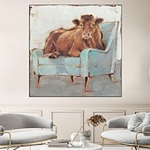 cheap Animal Paintings-Handmade A cow sitting on a sofa painting  handmade Abstract Cow Oil Painting Unique Artwork Vibrant Animal Canvas painting Wall Art Cow painting for living room bedroom wall home decor