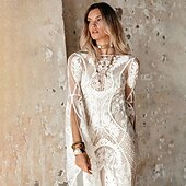 abordables robes de mariée décontractées-Robe de Mariage Boho à Dos Ouvert de Plage Robe de Mariage Simple Sirène Col en V Manches Longues Train Sweep  Brush Dentelle Robes de Mariée Avec Motif 2025