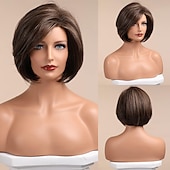 baratos Perucas Sintéticas sem Touca-Peruca bob marrom perucas de cabelo curto para mulheres destaque peruca sintética de fibra resistente ao calor com aparência natural de 10 polegadas