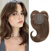 baratos Franjas-Toppers de cabelo de 14 polegadas para mulheres, toppers de cabelo em camadas longas, toppers de cabelo sintético, pedaços de cabelo para mulheres com cabelo ralo, perucas de fibra marrom clara,