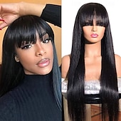 economico Parrucche di capelli veri senza cuffia-parrucche diritte seriche per capelli umani con frangia vergine brasiliana nessuna parrucche anteriori in pizzo parrucche fatte a macchina per le donne nere colore naturale