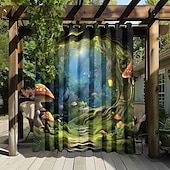 preiswerte Wasserdichte Vorhänge-Wasserdichter Outdoor Vorhang Außenvorhang für Privatsphäre, Außenjalousien, verschiebbare Terrassenvorhangvorhänge, Pergolavorhänge mit Ösen, Pilzwald für Pavillon, Balkon, Veranda, Party