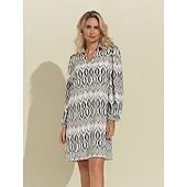 preiswerte Lässiges Kleid mit Aufdruck-Geometrisches Mini-Hemdkleid mit langen Ärmeln