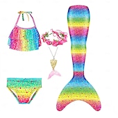 cheap Mermaid Swimsuit-Kids Girls&#039; Five Piece Mermaid Swimwear Swimwear Bikini Swimming Rainbow Cute Sexy Print Bathing Suits 3-10 Years Summer Light Blue Rose Gold