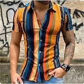 Men's Shirt Summer Shirt Casual Shirt Beach Shirt Button Up Shirt Striped Shirts Black White Yellow Blue Orange Short Sleeve Stripes Lapel Vacation Hawaiian Clothing Apparel Polyester Fashion Casual 22