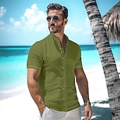 cheap Vacation-Men&#039;s Shirt Linen Shirt Summer Shirt Beach Wear Button Up Shirt Plain Vacation Curise Black White Blue Beige Short Sleeve Stand Collar Summer Clothing Apparel