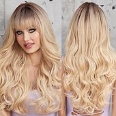 preiswerte Trendige synthetische Perücken-Blonde Ombre-Perücken mit Pony, synthetische Damenperücke, lange, gewellte, geschichtete, hitzebeständige Perücke für den täglichen Gebrauch, natürlich und bequem