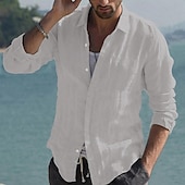 economico Vacanza-Per uomo Camicia camicia di lino Camicia estiva Abbigliamento mare Camicia con bottoni Tinta unica Da mare Curise Nero Bianco Rosa Blu marino Manica lunga Colletto Primavera estate Abbigliamento