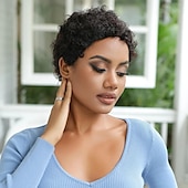 economico Parrucche di capelli veri senza cuffia-capelli umani ricci afro crespi parrucche corte per le donne parrucca piena e soffice fatta a macchina capelli umani taglio pixie parrucca sostitutiva dei capelli senza colla dall&#039;aspetto naturale