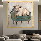 cheap Animal Paintings-Handmade A cow sitting on a sofa painting  handmade Abstract Cow Oil Painting Unique Artwork Vibrant Animal Canvas painting Wall Art Cow painting for living room bedroom wall home decor