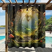 preiswerte Wasserdichte Vorhänge-Wasserdichter Outdoor Vorhang Außenvorhang für Privatsphäre, Außenjalousien, verschiebbare Terrassenvorhangvorhänge, Pergolavorhänge mit Ösen, Pilzwald für Pavillon, Balkon, Veranda, Party