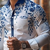 preiswerte Businesshemden für Herren-Herren Blatt Bedruckte Hemden Langarm Business-Casual Tragen Sie, um zu arbeiten Freizeitskleidung Strassenmode Frühling Sommer Umlegekragen Tasche Bedruckt Button-Down Gelb Blau