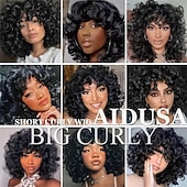 cheap Synthetic Trendy Wigs-Afro Curly Wigs For Women Big Blonde Wigs With Bangs Shoulder Length Hair High Heat Resistant Synthetic Wig
