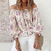 cheap Floral Blouses-Women's Shirt Blouse Floral Fashion Long Sleeve Cold Shoulder Off Shoulder Regular Tops Casual Holiday Lace up Buttons Print White Pink Blue Beige Summer