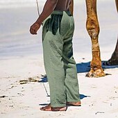 cheap Holiday-Men&#039;s Linen Pants Trousers Summer Pants Beach Pants Pocket Drawstring Elastic Waist Plain Comfort Breathable Daily Holiday Vacation Hawaiian Boho Black White