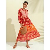 abordables robe décontractée imprimée-robe midi à fleurs et franges à col en V