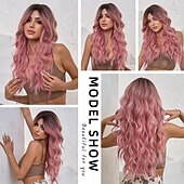 abordables Perruques Synthétiques Sans Bonnet-Perruque rose pour femme longue ombre marron à rose ondulée bouclée synthétique avec frange partie centrale racines foncées cheveux superposés avec frange pour filles cosplay fête Halloween Noël