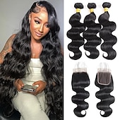 baratos 4 conjuntos de cabelo natural-Nadula cabelo hd fechamento de renda pacotes de onda corporal brasileira com fecho 4x4 fechamento de renda cabelo brasileiro feixes de tecelagem com fecho