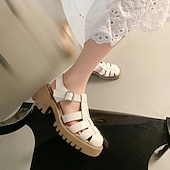 economico Sandali da donna-sandali da pescatore bianchi da donna con suola spessa e cinturino con fibbia, scarpe vintage in similpelle chiuse per l&#039;estate, l&#039;uso quotidiano e gli outfit casual