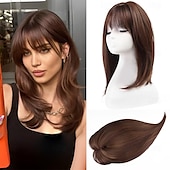 baratos Franjas-Topper de cabelo de 14 polegadas para mulheres com cabelos ralos, perucas toppers para cabelos ralos com franja, cobertura de base grande, topper de cabelo sintético, prendedores de cabelo, marrom