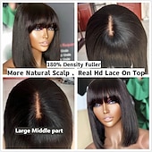 billige Parykker med blondefront, naturlig hår-rett parykk menneskehår med smell 2x1 blonder klippet parykker realistisk utseende hodebunn bob bangs parykker for kvinner naturlig farge brasiliansk menneskelig jomfruhår parykker