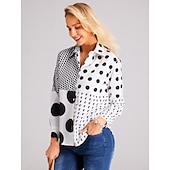billiga Kvinnors randiga och geometriska toppar-Dam Skjorta mode knappar tryck lång ärm vanliga toppar skjortkrage casual vit vår och höst