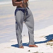cheap Holiday-Men&#039;s Linen Pants Trousers Summer Pants Beach Pants Pocket Drawstring Elastic Waist Plain Comfort Breathable Daily Holiday Vacation Hawaiian Boho Black White