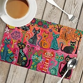 abordables Napperons et sous-verres et dessous de plat-sets de table de table à manger en lin série doodle art cat imperméables à l&#039;huile et isolés tapis de table à manger ménagers résistants à la chaleur imperméables à l&#039;huile et isolés tapis de table à