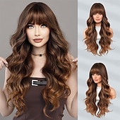 economico Parrucche trendy sintetiche-lunghe parrucche ondulate viola con frangia 26 pollici ricci sintetici parrucche ombre resistenti al cuore per le donne cosplay di feste quotidiane usate